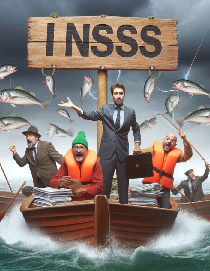 pescadores em embarcações frustados e a palavra inss