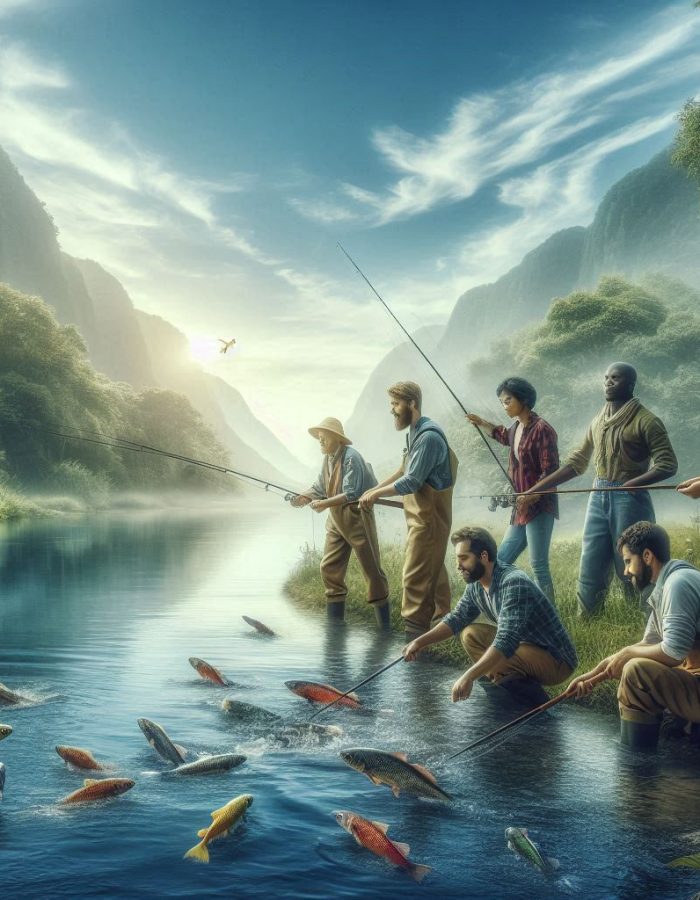 pescadores pescando em rios com redes
