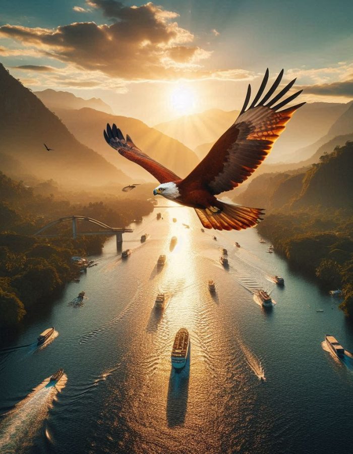 uma águia sobre o rio com barcos e uma frase de poder