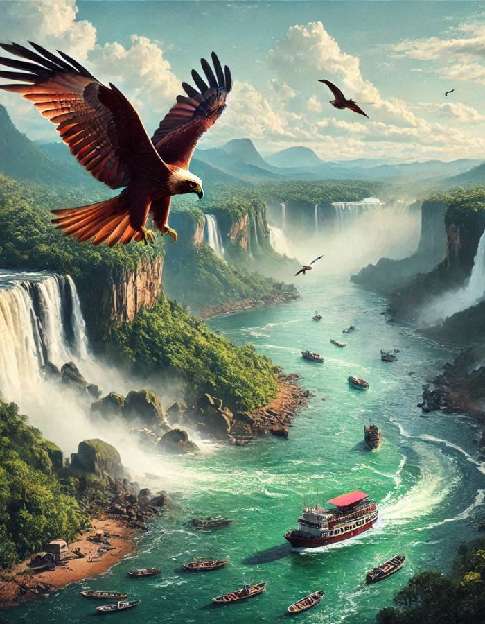 uma águia sobre o rio com barcos e uma frase de poder sobre uma cachoeira